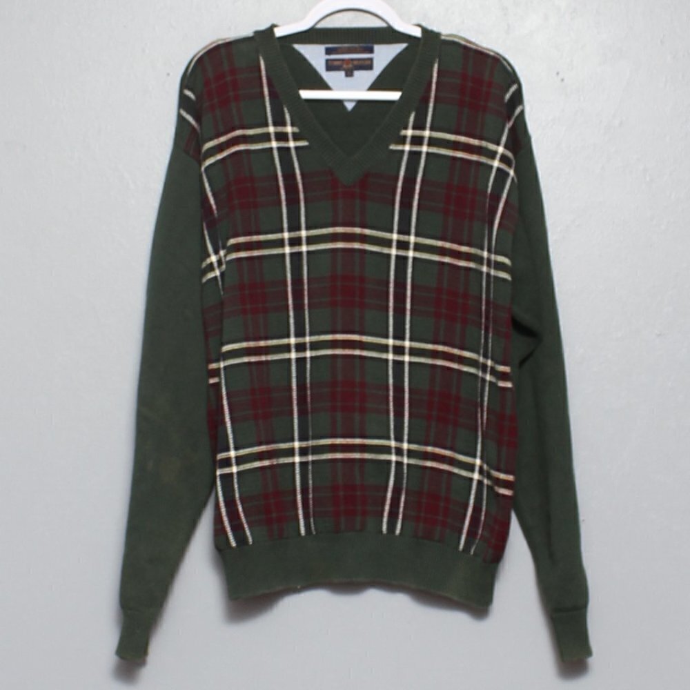 Tommy Hilfiger Golf vintage plaid v neck grandpa cotton sweater